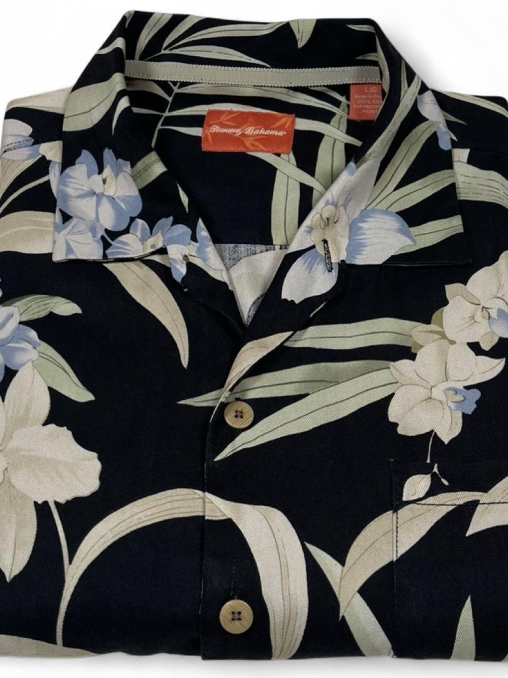 MINT! Tommy Bahama SILK Black Floral Camp Collar Hawaiian Shirt Men’s Size L